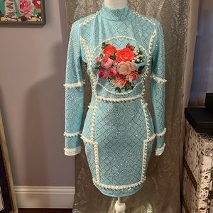 Baby Blue bedazzled pearl mini dress